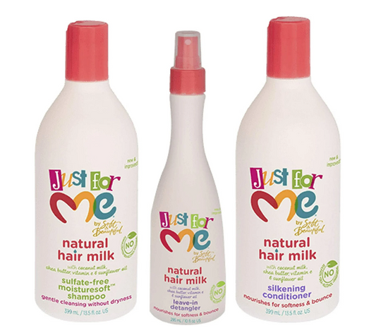 Set Of 3 JUST FOR ME - Hair Milk Shampoo 13.5OZ, Conditioner 13.5OZ & Leave-in Detangler 10OZ