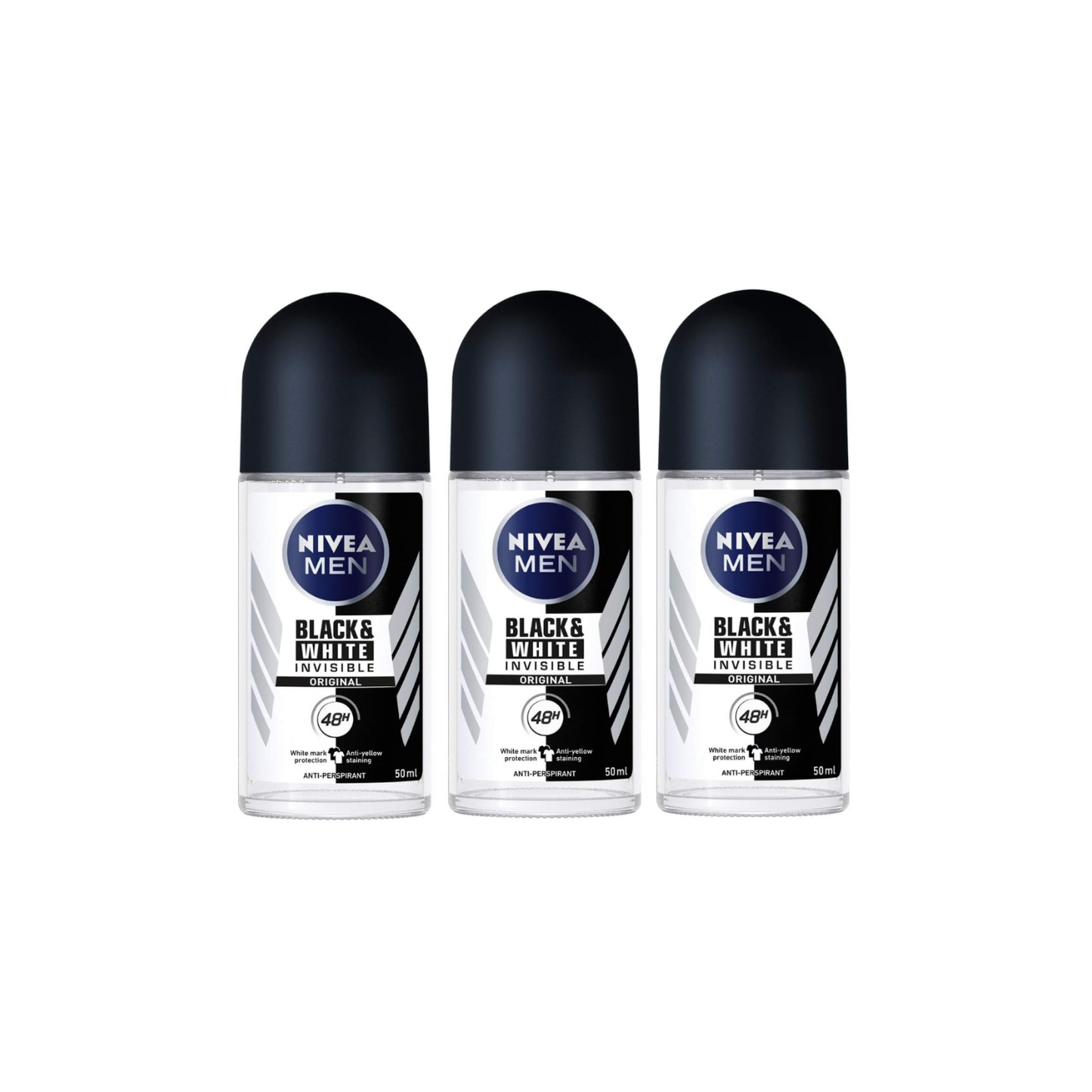Nivea for Men Invisible for Black & White 48 Hours Deodorant Roll on 50 Ml. 3 Pack